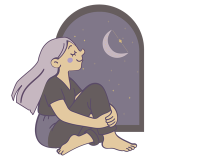 Ilustración de una mujer sentada mirando la luna por una ventana, imagen inspiradora de CosmiKidz