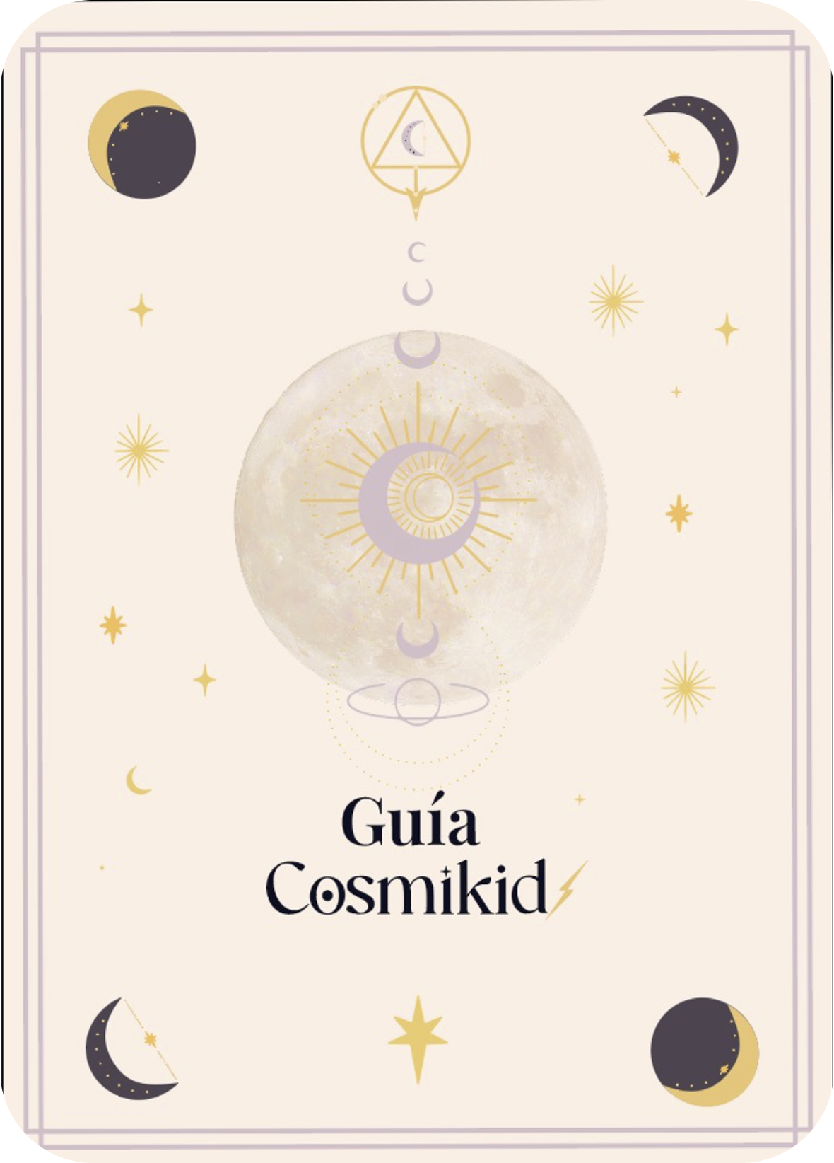 Portada de la Guía CosmiKidz con diseño astrológico en tonos beige, dorado y lila, con luna y símbolos cósmicos