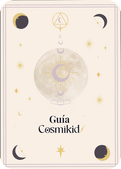 Portada de la Guía CosmiKidz con diseño astrológico en tonos beige, dorado y lila, con luna y símbolos cósmicos