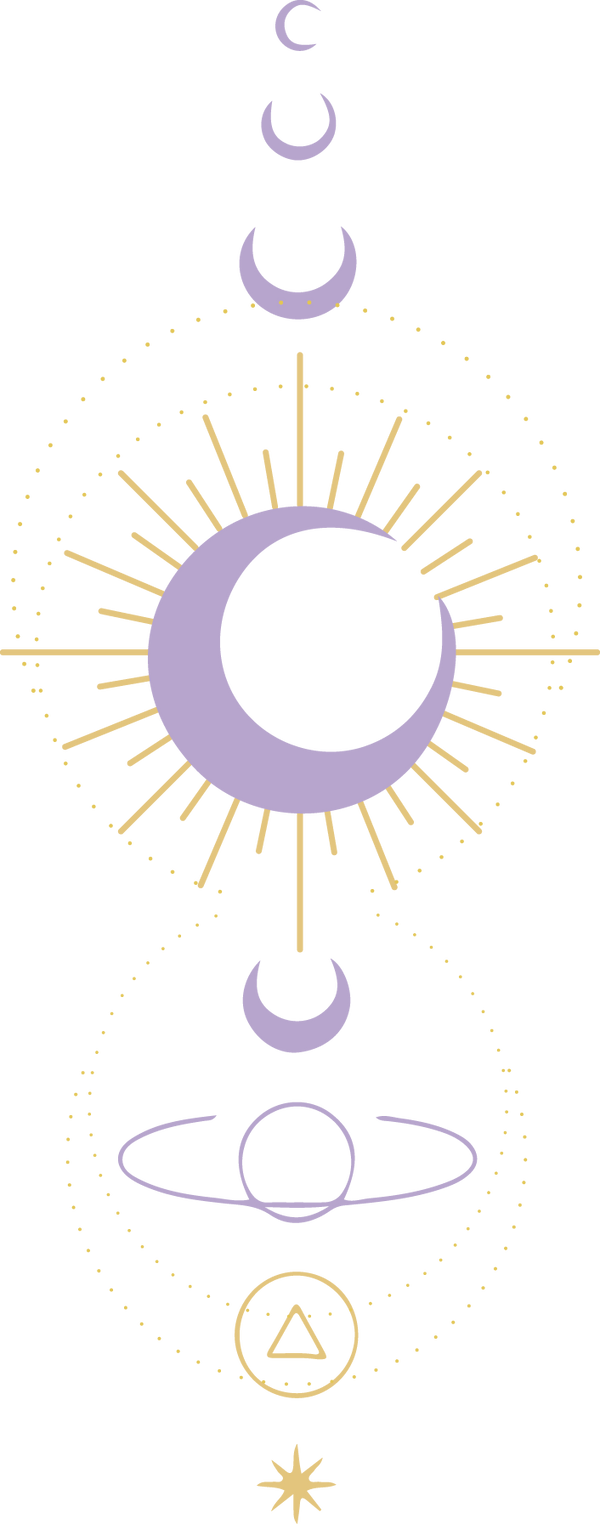 Ilustración vertical de luna y estrellas doradas y lilas para decoración de banners CosmiKidz