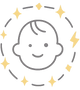 Icono de bebé rodeado de estrellas, identidad visual de CosmiKidz