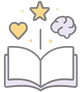 Icono de libro abierto con corazón, estrella y cerebro, simbolizando aprendizaje y crianza emocional en CosmiKidz